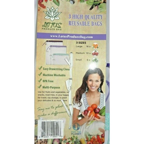 Lotus Produce Bags 3-Sizes Eco-Friendly 3-Pk Reusable BPA Free Multicolor Gift - Picture 2 of 2